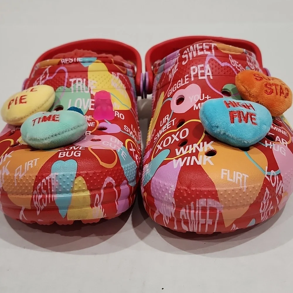 CROCS Red and Pink Slippers with Fun Patterns